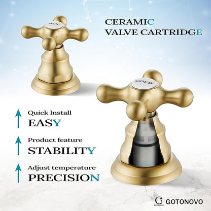 gotonovo Bathroom Faucet 3 Hole 8 Inch Widespread Bathroom Sink Faucet 2 Cross Handles Vintage Lavatory Vanity Mixer Tap with Pop Up Drain, HOT Cold Label, Brushed Gold
