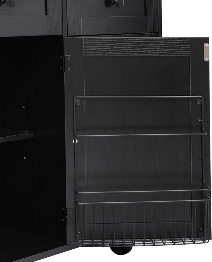 Bellemave 46.5" Farmhouse Kitchen Island cart with Charging Station and with Drape of Beads, Rolling Kitchen Island Table with Drop-Leaf, 3 Drawers, Black