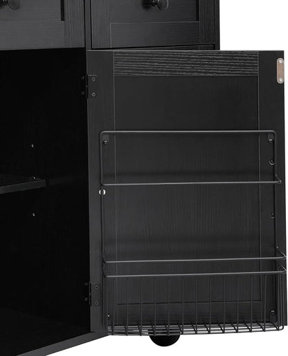 Bellemave 46.5" Farmhouse Kitchen Island cart with Charging Station and with Drape of Beads, Rolling Kitchen Island Table with Drop-Leaf, 3 Drawers, Black