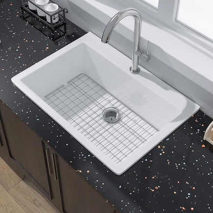 Miuara White Kitchen Sink Drop In 1 Hole 30"x22" - Small Topmount Fireclay Sink 30 Inch, Heavy Duay Deep Single Bowl, with 2 Custom Accessories, Glossy White, for Kitchen & Laundry