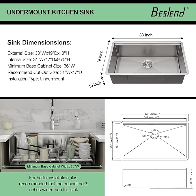 Undermount Kitchen Sink 33 Inch Single Bowl - Beslend Heavy-Duty 16 Gauge Stainless Steel Workstation, 10 Inch Deep Ledge Basin with Customized Accessories for Home Kitchen/Renovation
