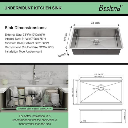 Undermount Kitchen Sink 33 Inch Single Bowl - Beslend Heavy-Duty 16 Gauge Stainless Steel Workstation, 10 Inch Deep Ledge Basin with Customized Accessories for Home Kitchen/Renovation