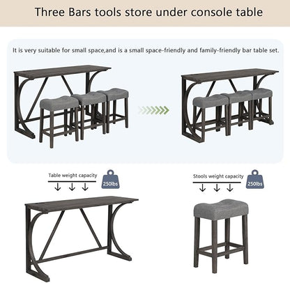 LKTART 4 Piece Kitchen Table Set, Counter Height Bar Table Set with Socket and 3 Padded Stools Industrial Breakfast Nook Table Set for Living Room, Dining Room,Small Space, Dark Gray