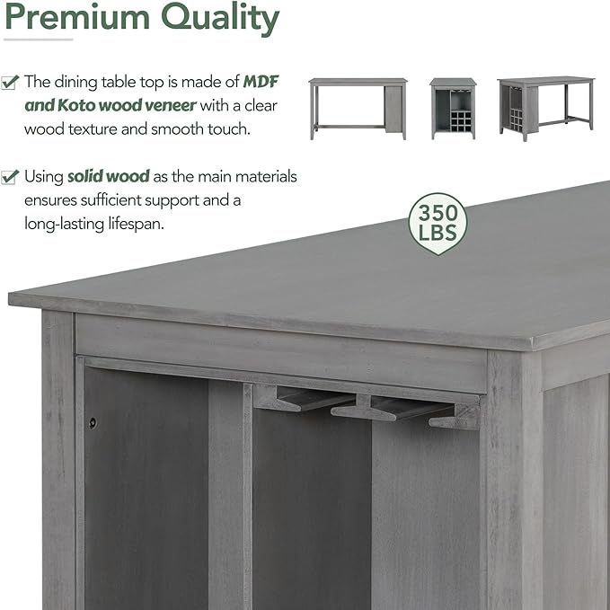 Rubber Wood Kitchen Table Set for 4, Kitchen Island with Bar Wine Compartment, Wineglass Holders for Dining Room, Rustic Style Counter Height Dining Room Table Set for Dining Room, Grey