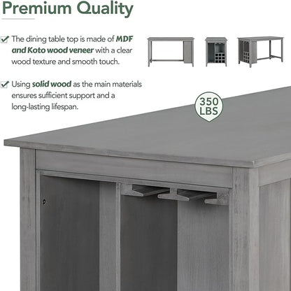 Rubber Wood Kitchen Table Set for 4, Kitchen Island with Bar Wine Compartment, Wineglass Holders for Dining Room, Rustic Style Counter Height Dining Room Table Set for Dining Room, Grey
