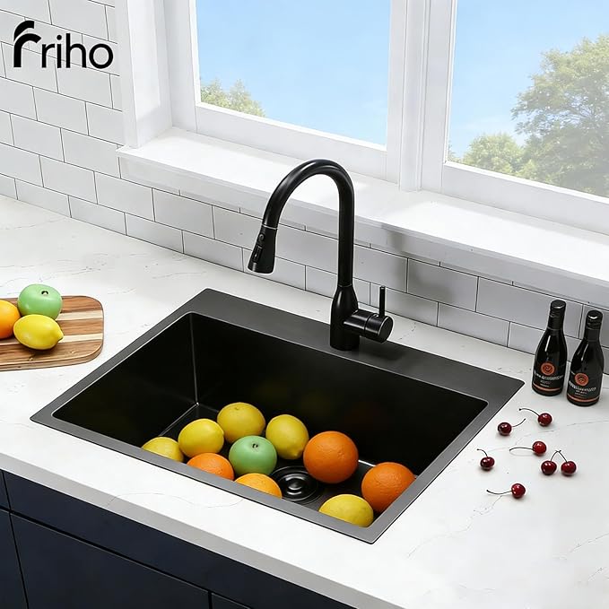 33x22 Black Drop In Kitchen Sink, 33 Inch Stainless Steel Top Mount Single Bowl Sink with Drain Strainer