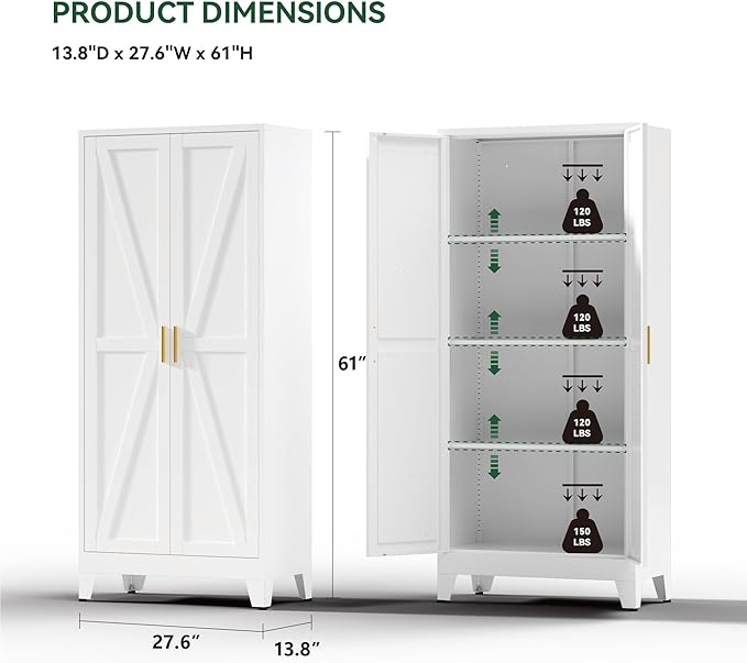 Kitchen Pantry Cabinet with Barn Doors,61" H x 27.5" W,Metal Farmhouse Storage Cabinet with Adjustable Shelves,4-Tier Storage Cabinet for Kitchen Dining Room Garage Office,White 1 Pack