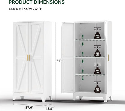 Kitchen Pantry Cabinet with Barn Doors,61" H x 27.5" W,Metal Farmhouse Storage Cabinet with Adjustable Shelves,4-Tier Storage Cabinet for Kitchen Dining Room Garage Office,White 1 Pack