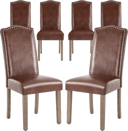 Upholstered Dining Chair Modern Stylish Parsons Kitchen Diner High Back with Silver Nailhead Trim & Wood Legs, Set of 6, PU Leather Light Brown