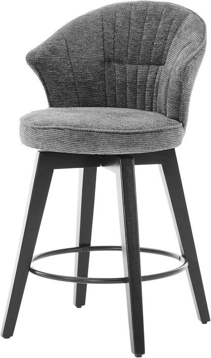 Wing Back Swivel Bar Stools Set of 2-25" Counter Height Upholstered Stools with Solid Wood Legs & Stain-Resistant Chenille, Adjustable Leveling Feet for Kitchen Island, Home Pub, Dark Grey