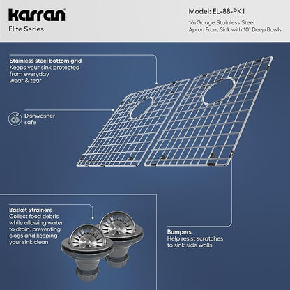 Karran Elite EL-88 Apron-Front Stainless Steel 36 in. 16-Gauge Double Bowl Farmhouse Kitchen Sink Kit