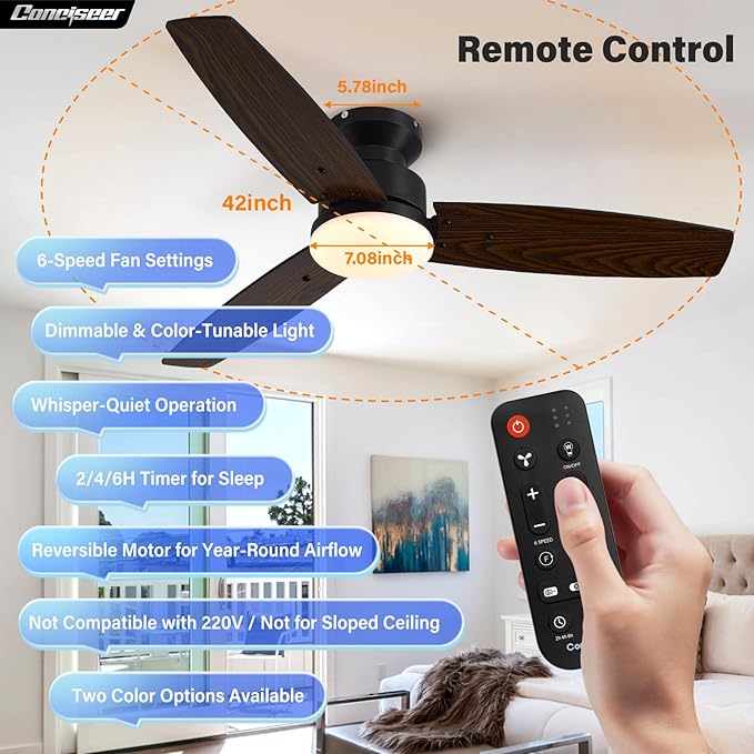 Conciseer Modern 42 Inch Ceiling Fans with Lights and Remote, Bedroom Living Room Office, Flush Mount, 18W 3CCT Dimmable, Dual Color 3 Blades 6 Speed Reversible Quiet DC Motor, Black/Wood Grain