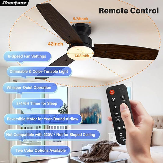 Conciseer Modern 42 Inch Ceiling Fans with Lights and Remote, Bedroom Living Room Office, Flush Mount, 18W 3CCT Dimmable, Dual Color 3 Blades 6 Speed Reversible Quiet DC Motor, Black/Wood Grain