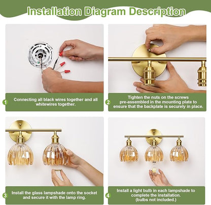 Vintage Bathroom Light Fixtures,3-Light Hardwired Vanity Lights with Green Tulip Glass Shade,Gold Bathroom Vanity Light for Mirror Restroom,E26 Socket,18.5 in(Bulbs Not Included)