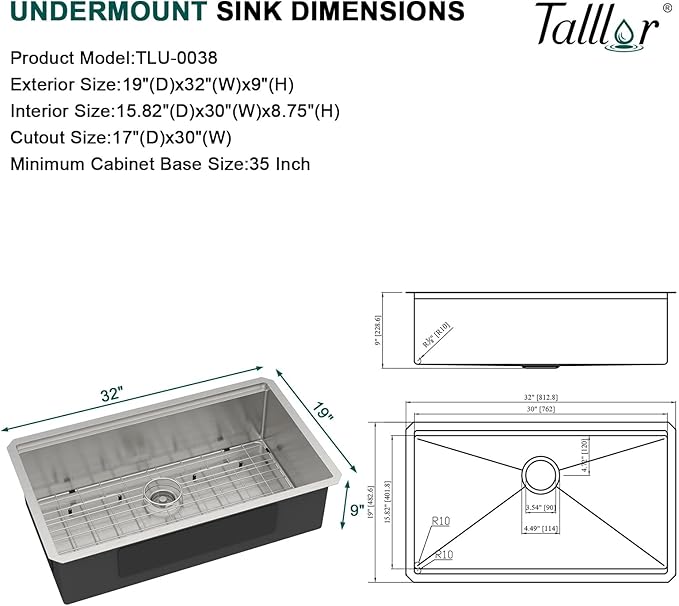 32 Undermount Kitchen Sink 16 Gauge 304 Stainless Steel Single Bowl Multifunctional 32x19 Undermount Workstation Sink with Accessories #TLU-0038