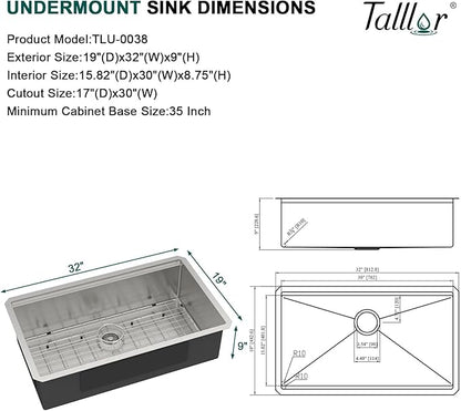 32 Undermount Kitchen Sink 16 Gauge 304 Stainless Steel Single Bowl Multifunctional 32x19 Undermount Workstation Sink with Accessories #TLU-0038