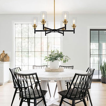 6 Light Dining Room Light Fixture Black & Brushed Brass Gold Farmhouse Chandelier Over Table Modern Hanging Pendant Lighting for Living Room Foyer Kitchen Adjustable Height E26 Socket