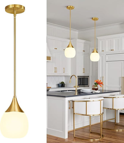 Kitchen Island Pendant Light: Mid Century Brushed Gold Hanging Light Fixtures with Milky Glass Globe - 6 Inch Farmhouse Chandeliers Ceiling Lighting for Dining Room
