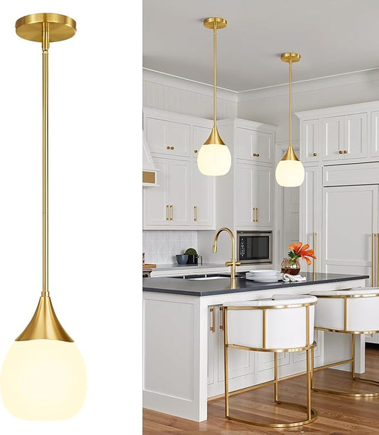 Kitchen Island Pendant Light: Mid Century Brushed Gold Hanging Light Fixtures with Milky Glass Globe - 6 Inch Farmhouse Chandeliers Ceiling Lighting for Dining Room