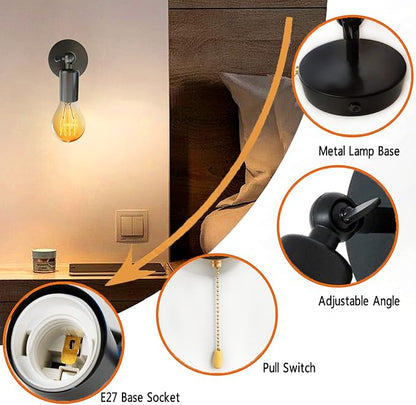 Adjustable Retro Wall Sconce Light with Pull Chain Switch Vintage Black Wall Lights Fixture with On Off Switch E26 Indoor Wall Lamps for Home Bedroom Kitchen Wall Mount ighting, NO Bulb