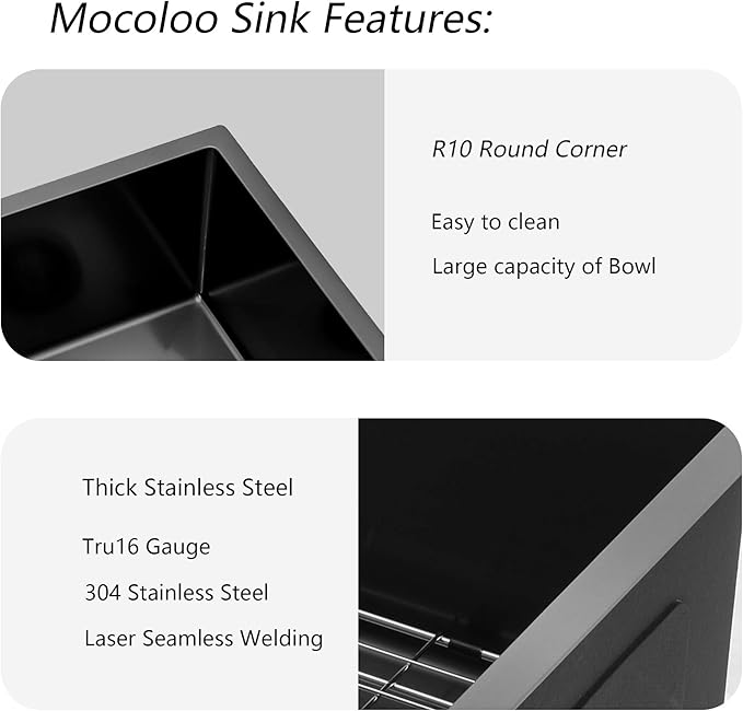 Mocoloo 33 Black Undermount Kitchen Sink 33x19 Gunmetal Black 16 Gauge Stainless Steel Deep Round Corner Under Counter Single Bowl Kitchen Sinks Handmade Basin