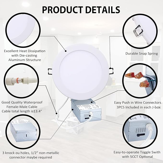 POPANU Premium LED Canless Recessed Lighting 6 Inch 5 CCT Adjustable Ceilling Wafer Light with Junction Box, 12W Color Temperature SelectableUltra-Thin Downlight Fixture, Dimmable, 6 Pack, White