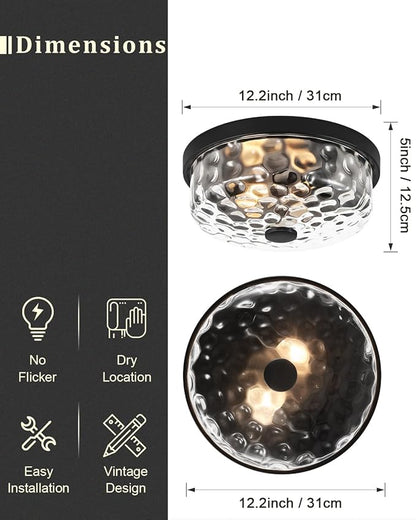 12 Inch Farmhouse Flush Mount Ceiling Light, 2 Light Industrial Close to Ceiling Light, Industrial Ceiling Lighting Fixture for Kitchen Hallway Bedroom Living Room (12.2 Inch Black)