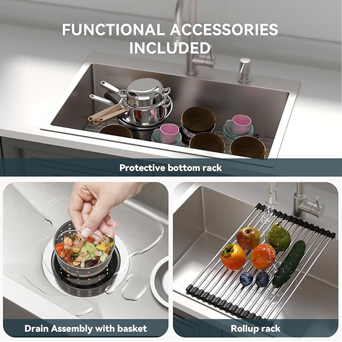 Lordear 30 inch Drop In Kitchen Sink Stainless Steel 16 Gauge Single Bowl Topmount Rectangular Round Corner Kitchen Sinks Overcounter Basin