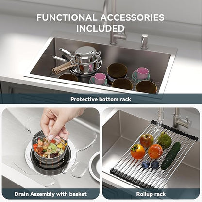Lordear 33 Inch Drop In Kitchen Sink 33x22 Stainless Steel Topmount Sinks 16 Gauge T304 Single Bowl Kitchen Sink With 3mm Thickened Plate Round Corners