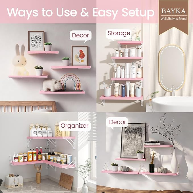 BAYKA Wall Shelves for Bedroom Decor, Pink Floating Wall Shelf for Living Room Kitchen Storage,Mounted Rustic Wood Shelves for Kids Books, Corner Shelf for Bathroom(16in，Set of 4)