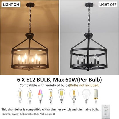 6-Light Large Farmhouse Black Chandelier, 20" Modern Hanging Pendant Lighting, Convertible Semi Flush Mount Ceiling Light Fixture Rustic Vintage Chandeliers for Dining Room Foyer Kitchen Entryway