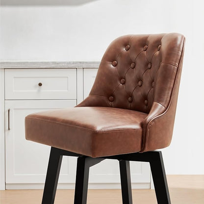 KISLOT Swivel Counter Height Bar Stools Set of 4, 26" Upholstered Faux Leather Barstools with Back,Thick Seat and Square Solid Wood Legs for Kitchen Island Home Bar, Brown