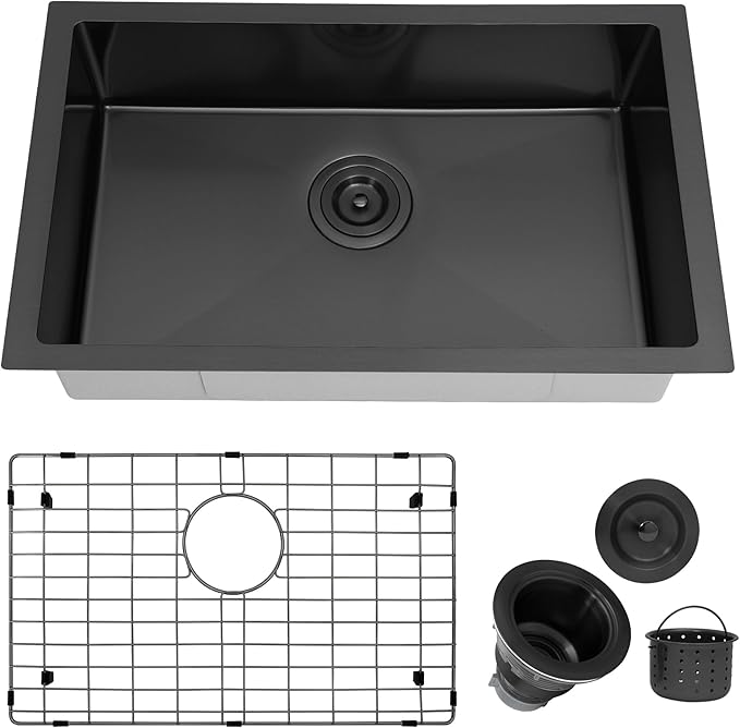 Kitsitchen Black RV Kitchen Sink,SUS304 Stainless Steel Single Bowl Black Undermount Kitchen Sink,7 Inch Depth RV Sink with Strainer & Bottom Gird, Outdoor Camper Prep Sinks(25"x16"x7")