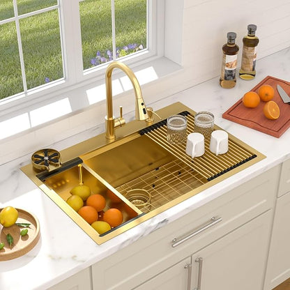 Dcolora 36 In. Gold Drop In Kitchen Sink, Workstation with Valued Accessories, Heavy Duty 16 Gauge 304 Stainless Steel Luxury Gold Nano-PVD, 36"x22"x10" Large Single Bowl #DC-T2533012GW