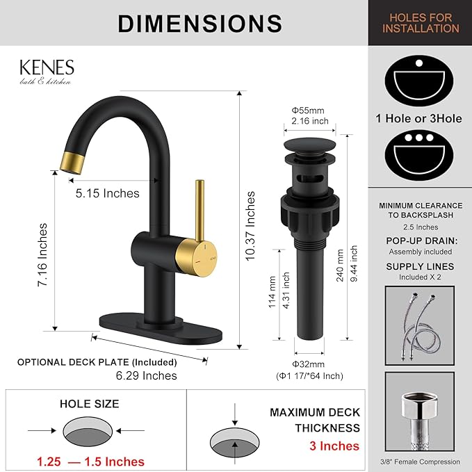 KENES Black and Gold Single Handle Bathroom Sink Faucet, Modern Prep Wet Bar Sink Faucet with Drain Assembly & Deck Plate, Vanity Faucets for Farmhouse RV Camper Utility, KE-9005B-BG
