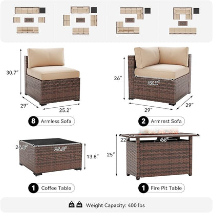 LazySunsets 12-Piece Patio Furniture Set with 44" Fire Pit Table, Wicker Outdoor Furniture, Patio Conversation Sets with Coffee Table, Outdoor Sectional Couch with Waterproof Cover, Beige