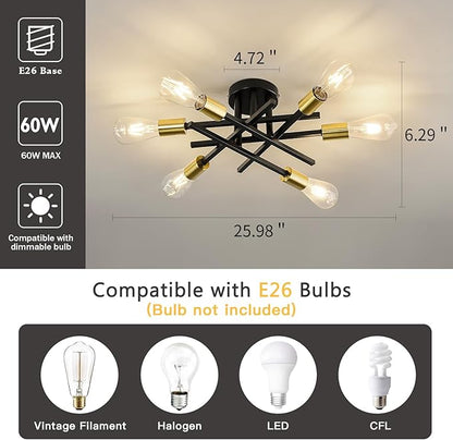 ASGYISA 6-Lights Sputnik Semi Flush Mount Ceiling Light Fixture Modern Metal Black and Gold Chandeliers with E26 Bulb Base Close to Ceiling Light for Kitchen Dining Room Living Room Hallway Bedroom