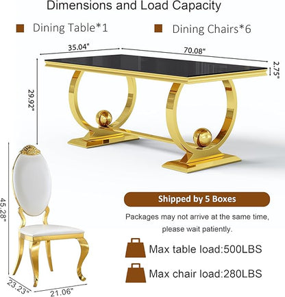 7-Piece Modern Dining Table Set, 70" Black Tempered Glass Kitchen Table with Gold Polished Stainless Steel U-Shaped Pedestal Base and 6 White PU Leather Chairs with Mirrored Legs, for Dining Room