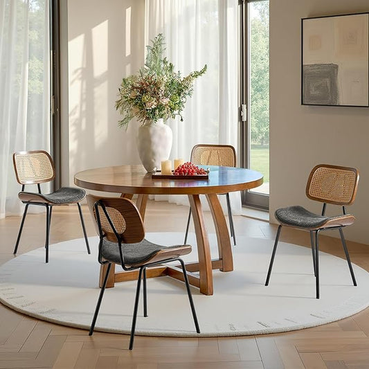 HULALA HOME Rattan Dining Room Chairs Set of 4, Farmhouse Upholstered Kitchen Chair with Square Woven Backrest, Metal Legs, Accent Side Chairs for Dining Living Room Resurant Cafe - Dark Gray