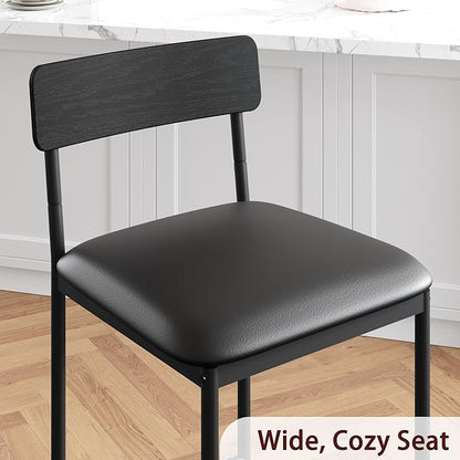 TrailBlaze Bar Stools Set of 2, 25.5'' Counter Height Upholstered Chairs with Backrest & Footrest, Modern PU Leather Barstools - Kitchen Island, Dining Room, Breakfast Bar - Easy Assembly - Black