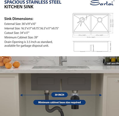 Sarlai 36 Inch Undermount Kitchen Sink Double Bowl Kitchen Sink Low-Divide Large Undermount Workstation16 Gauge Stainless Steel 50/50 Double Basin Under Counter Sinks