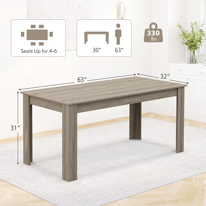 63-Inch Dining Table for 4-6 People, Rectangular Wooden Kitchen Table, L-Shaped Legs, 330 LBS Weight Capacity, Modern Farmhouse Dinette Table for Restaurant, Living Room, Family (Oak)