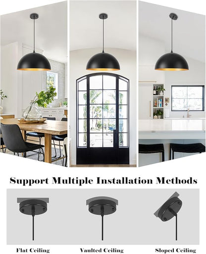 Large Pendant Lights Kitchen Island 3 Packs, 16 inch Black and Gold Dome Pendant Light, Industrial Farmhouse Pendant Lights Fixtures Metal for Kitchen Island, Dining Room, Cafe, Bar