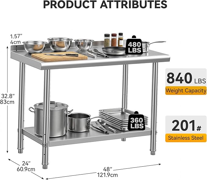 DWVO 48x24in Stainless Steel Table, NSF Metal Prep Worktable with Backsplash for Kitchen Restaurant Hotel Garage Warehouse Home
