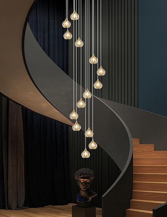 Weesalife Crystal Chandeliers for Staircases, 14-Light Gold Modern Chandeliers for High Ceilings，Crystal Pendant Light Fixture for Living Room Kitchen Island Foyer Hallway Bar