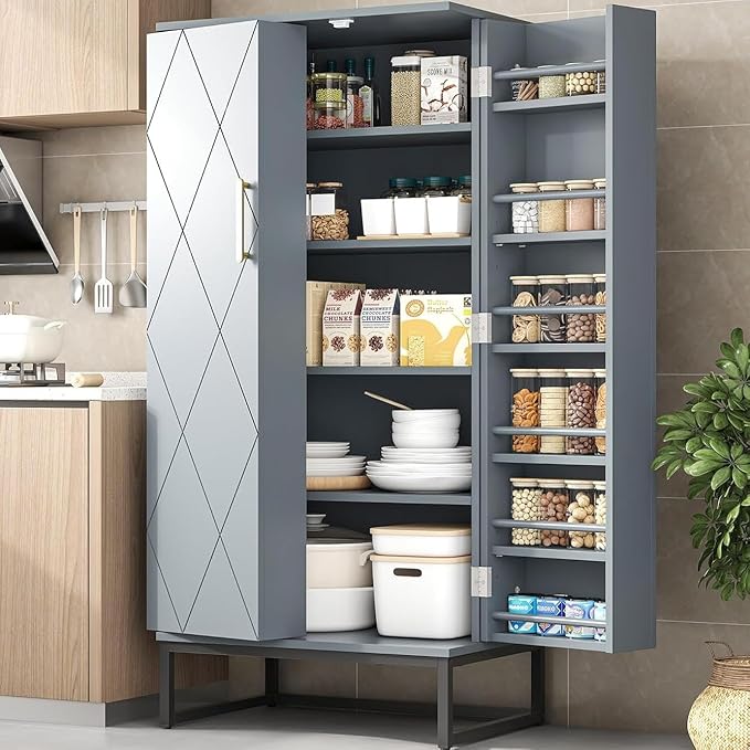 kepptory 51" Kitchen Pantry Storage Cabinet, Freestanding Pantry Cabinets with Doors andAdjustable Shelves, Buffet Cupboards Storage Cabinet for Home Office Use, DinningRoom(Grey)