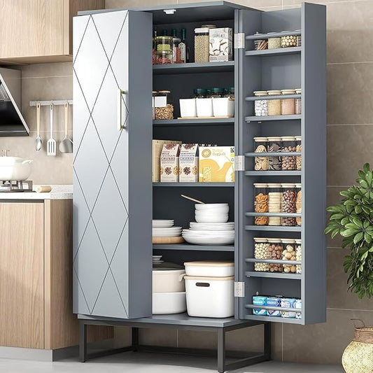 kepptory 51" Kitchen Pantry Storage Cabinet, Freestanding Pantry Cabinets with Doors andAdjustable Shelves, Buffet Cupboards Storage Cabinet for Home Office Use, DinningRoom(Grey)