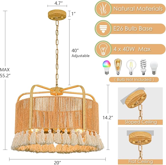 20” Rattan Chandelier, 4-Light Large Hand Woven Boho Chandelier with Fabric Shade, Farmhouse Light Fixtures for Dining Room & Kitchen Island (Brown, 20")
