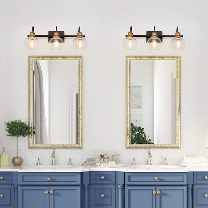 LALUZ Bathroom Light Fixtures, Vanity Lights with Oil Rubbed Bronze Finish, Antique Gold Socket, Clear Glass Shade, 22.5’’ L x 7’’ W x 9’’ H