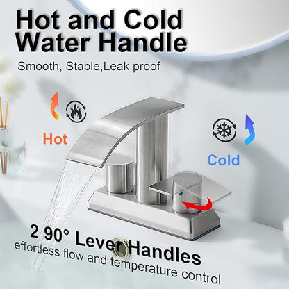 IKEBANA Brushed Nickel Waterfall Bathroom Faucet,2 Handle Stainless Steel 4 inch Bathroom Sink Faucet Modern Waterfall Spout Faucets Lead-Free Faucets with Supply Hoses and Pop-up Drain, IK-ZT2317L